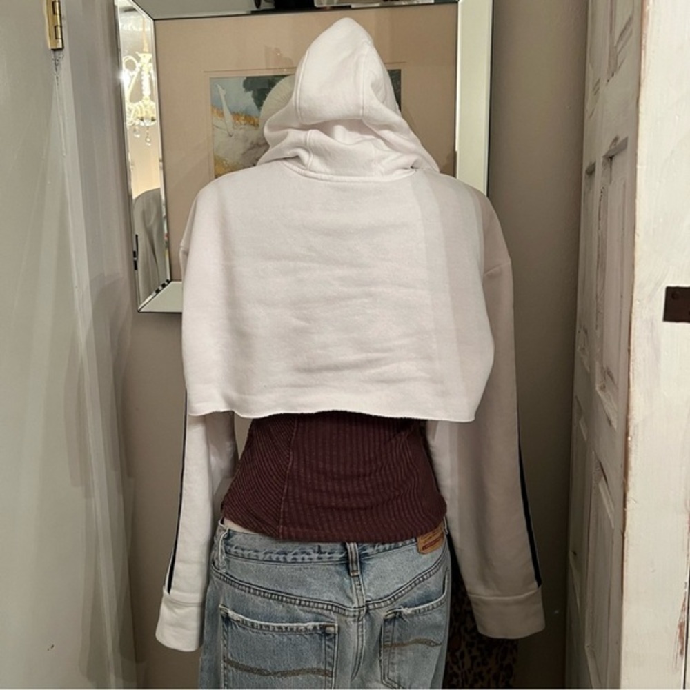 adidas White Cropped Hoodie with Black Logo and Stripe - Picture 2 of 12